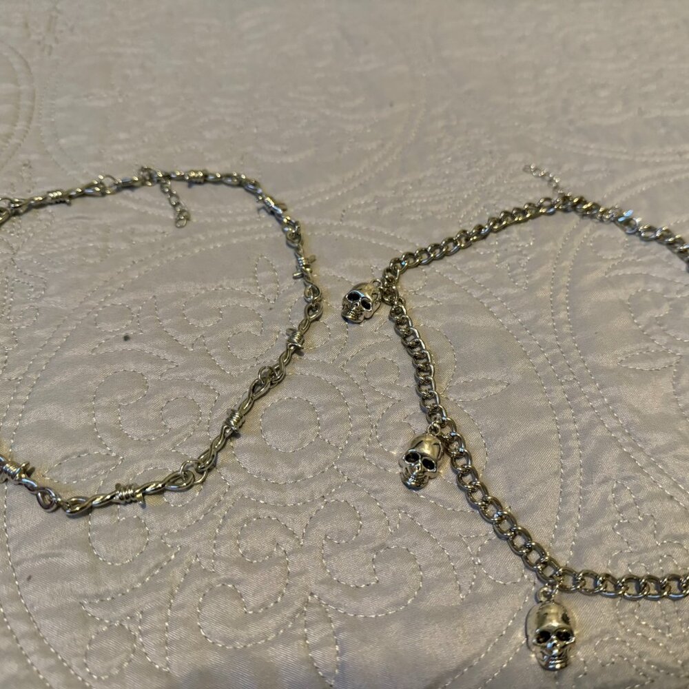 Set of 2 Skull Barbwire Silver Tone Necklaces